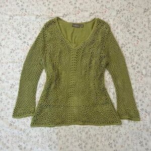Y2k Crochet Long Sleeve w/ Knit Tank Bell Sleeve Green Fishnet Mesh Whimsigoth
